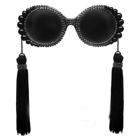 Round Frame Sunglasses Black Rhinestone Bead Decor Long Tassels UV400 Retro Gothic Style Women Fashion