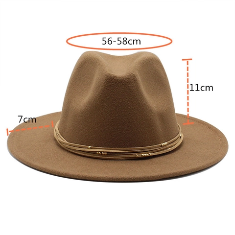 Wide Brim Fedora Hat Wool Felt Vintage Jazz Cap With Braided Rope Gold Beads Decoration For Women Men