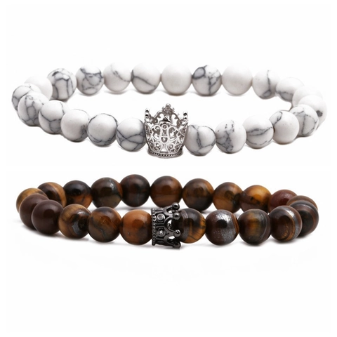 Bracciale Di Perline Corona Occhio Di Tigre Pietra Lavica Howlite Rame Zircone Elastico Gioielli Fatti A Mano Coppie Tendenza