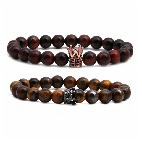 Kroon Charm Kralen Armband Natuurlijke Tijgeroog Steen Koper Zirkoon Sieraden Voor Heren Dames Koppels