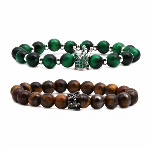 Bracciale Di Perline In Pietra Naturale Occhio Di Tigre Con Ciondolo A Corona In Rame Per Coppie Gioielli Elastici