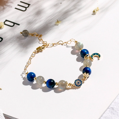 Bracciale Perline Occhio di Tigre Pietra di Luna Ciondolo Luna Cuore Oro Placcato Lega Regolabile Donna Gioielli Moda Regalo