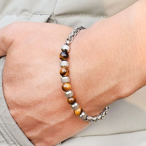 Stainless Steel Natural Stone Tiger Eye Beaded Chain Bracelet Adjustable Fashion Jewelry For Men