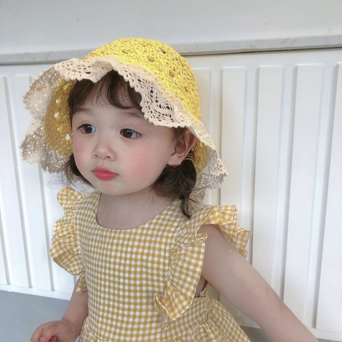 Kids Sun Straw Hat Hand Crocheted Lace Trim Foldable Summer Beach Cap For Toddlers Girls
