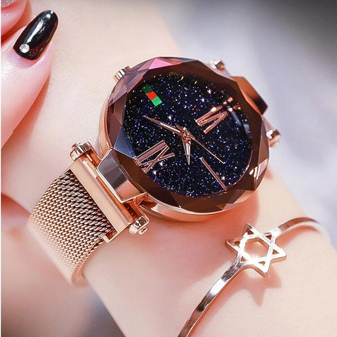 Fashion Women Starry Sky Quartz Watch Romantic Magnetic Milanese Strap Alloy Case Roman Numerals Analog Wrist Watch Gift