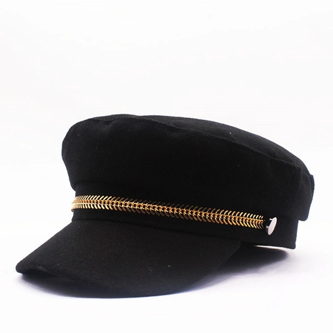 Béret En Feutre De Laine Pour Femmes Casquette Gavroche Style Britannique Rétro Chapeau De Marine Avec Chaîne En Métal