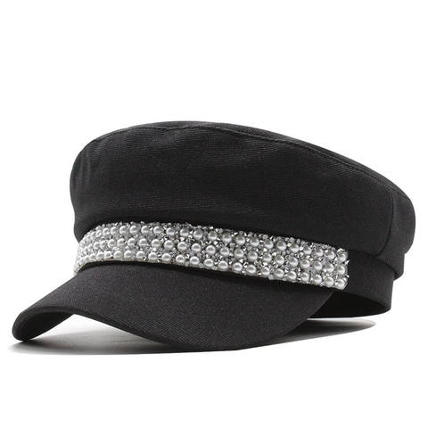 Women Vintage Newsboy Cap Cotton Sailor Hat Elegant Artificial Pearl Rhinestone Band Retro Adjustable Military Style Flat Top Cap