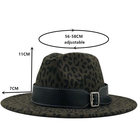 Classic Fedora Hat Leopard Print Wool Felt Wide Brim Jazz Cap With Leather Band Buckle For Women Men