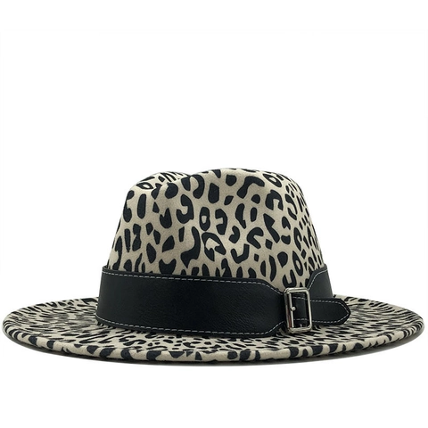 Classic Fedora Hat Leopard Print Wool Felt Wide Brim Jazz Cap With Leather Band Buckle For Women Men