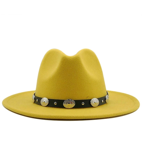 Fedora Hat Wool Felt Wide Brim British Retro Jazz Hat With Metal Leather Belt For Women Men