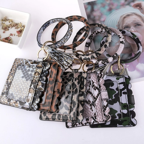 PU Leder Armband Schlüsselanhänger Kartenhalter Brieftasche Mit Rundem Armreif Und Quaste Leoparden Schlangenmuster Damen