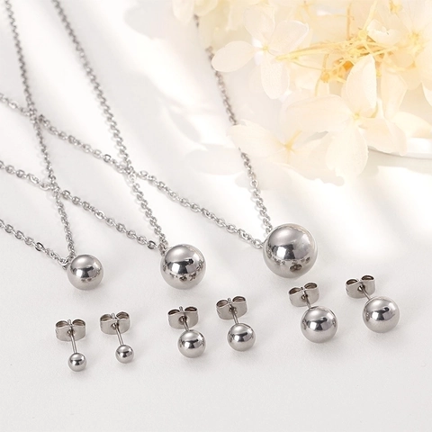 Ensemble De Bijoux En Acier Inoxydable Poli Collier Pendentif Boule Ronde Et Boucles Oreilles Mode Minimaliste Pour Femmes