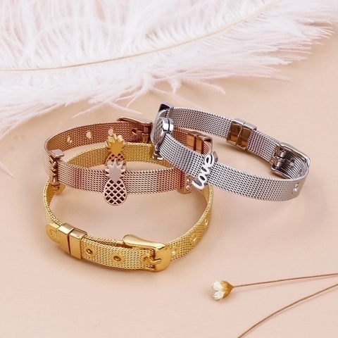 Bracciale In Maglia Di Acciaio Inossidabile Con Ciondolo Ananas Lettere Love Strass Fibbia Regolabile Moda