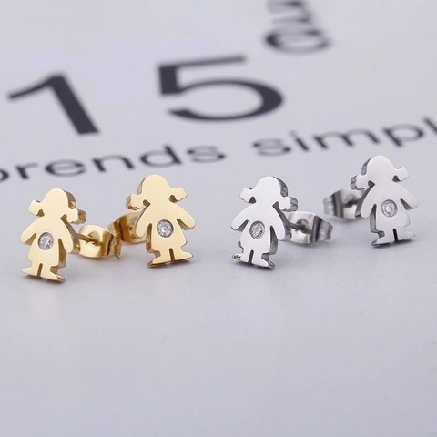 Oorknopjes Met Meisjes Silhouet Roestvrij Staal Ronde Zirkoon Inleg Minimalistisch Figuur Sieraden Voor Dames