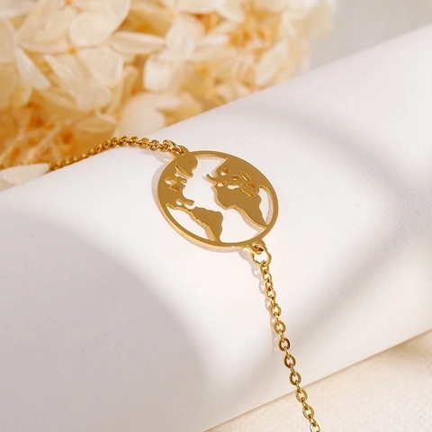 Pulsera Mapa Del Mundo De Acero Inoxidable Joyería De Viaje Recortada Estilo Minimalista Para Mujeres