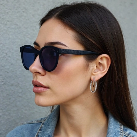 Lunettes De Soleil Rondes Mode PC Monture Complète Protection UV400 Pour Extérieur Conduite Voyage Unisexe Branches Gaufrées