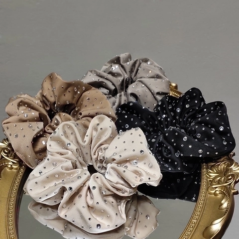 Rhinestone Satin Oversized Scrunchie Hair Tie French Elegant Sparkling Satin Fabric Elastic Hair Rope For Women Girls