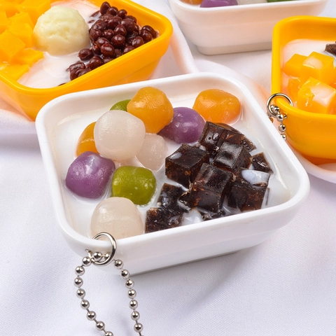 Artificial Dessert Food Model Keychain PVC Miniature Realistic Mango Sago Taro Ball Grass Jelly Bag Pendant Gift