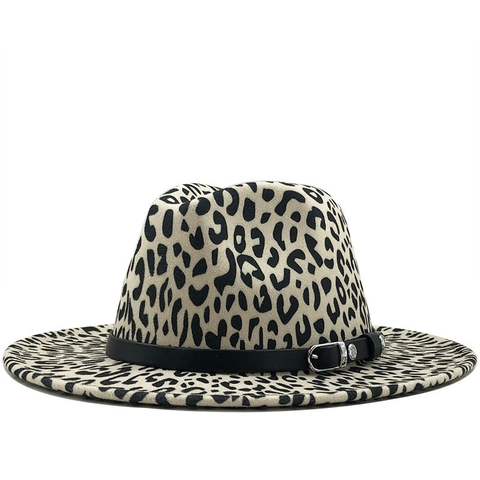 Cappello Fedora Con Stampa Leopardata In Feltro Di Lana Tesa Larga Piatta Cappello Jazz Con Fascia In Pelle Fibbia Argento