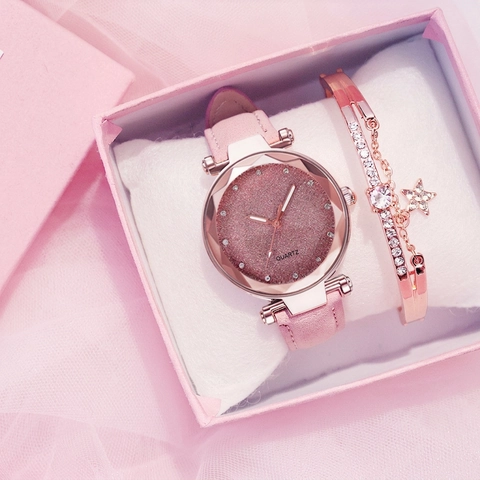 Orologio Al Quarzo Da Donna E Bracciale Stella Quadrante Cielo Stellato Strass Vetro Tagliato Cassa Lega Cinturino Ecopelle Moda