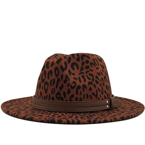 Vintage Wide Brim Fedora Hat Woolen Felt Jazz Cap Leopard Print Solid Color Leather Band Decoration Unisex Accessory