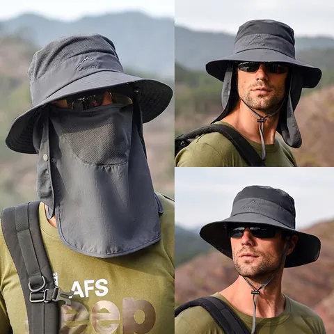 Outdoor Sun Protection Bucket Hat Nylon Quick Dry Breathable Fishing Boonie Cap With Detachable Face Mask Neck Flap