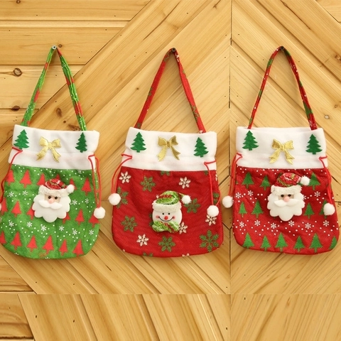 Bolsas De Regalo De Navidad Tela Bolsos Con Cordón Con Patrón De Papá Noel Muñeco De Nieve Lazo Dorado Adorno Para Dulces De Vacaciones Manzana Golosinas