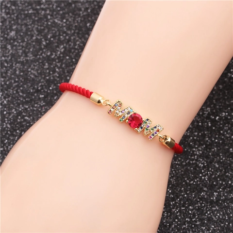 Bracciale Lettera MOM Regolabile Corda Rossa Colorata Rame Micro Pavè Zircone Regalo Festa Della Mamma Gioielli Donna