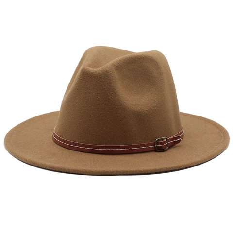 Cappello Fedora Classico In Feltro Di Lana A Tesa Larga Piatta Stile Jazz Vintage Con Decorazione Fibbia In Ecopelle