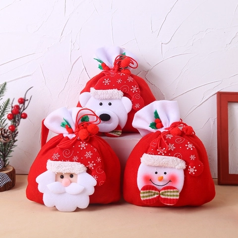 Kerstcadeautas Trekkoord Handvat Polyester 3D Kerstman Sneeuwpop Beer Vakantie Snoepverpakking Zakje
