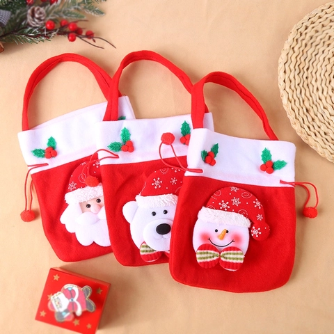 Kerstcadeautas Trekkoord Handvat Polyester 3D Kerstman Sneeuwpop Beer Vakantie Snoepverpakking Zakje
