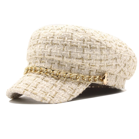 Tweed Newsboy Mütze Für Damen Mit Goldener Metallic Faden Karo Muster Dekorative Metallkette Vintage Baker Boy Hut