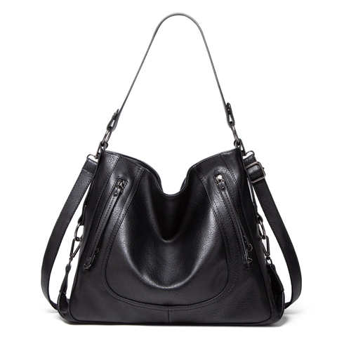 Vintage PU Leather Large Tote Bag Women Retro Shoulder Handbag With Zipper Decor Adjustable Strap Soft Hobo Bag