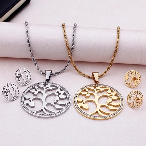 Tree Of Life Jewelry Set Hollow 18K Gold Plated Stainless Steel Rhinestone Necklace And Stud Earrings For Women