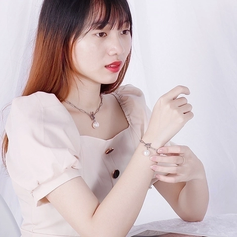 Stainless Steel Artificial Pearl Jewelry Including Paperclip Chain Necklace And Bracelet With OT Toggle Clasp Minimalist Fashion For Women