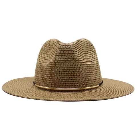 Women Straw Fedora Hat Wide Brim Sun Protection Panama Style Beach Travel Breathable Paper Straw Gold Metal Decor