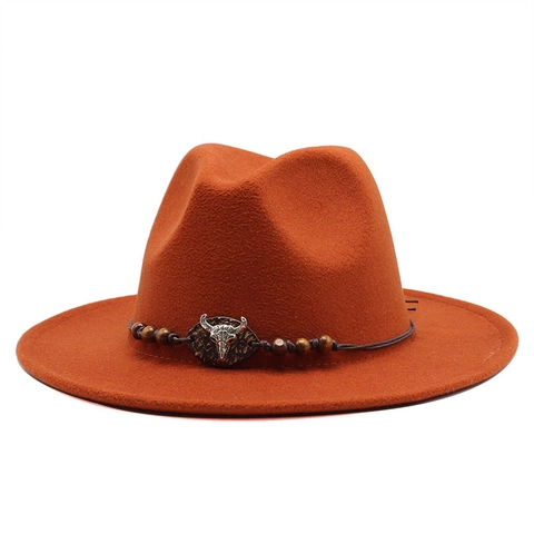 Vintage Fedora Hat Wool Felt Wide Flat Brim Western Cowboy Bull Skull Metal Ornament Wooden Beads Bohemian Jazz For Women