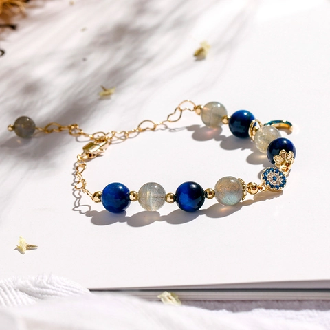 Bracciale Perline Occhio di Tigre Pietra di Luna Ciondolo Luna Cuore Oro Placcato Lega Regolabile Donna Gioielli Moda Regalo