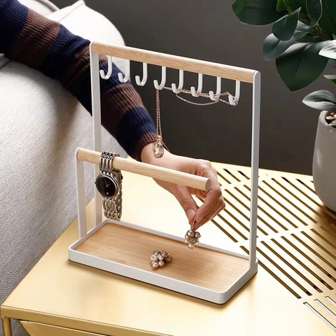 Jewelry Display Rack Iron And Wood Storage Organizer Stand With Hooks Tray For Necklace Earring Watch Japanese Style
