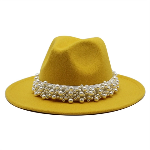 Wool Felt Fedora Hat For Women Elegant Wide Brim Jazz Cap With Artificial Pearl Decor Vintage British Style
