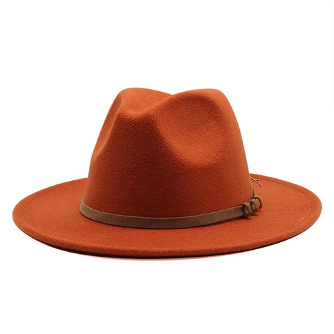 Vintage Wool Felt Fedora Hat Wide Flat Brim With Leather Belt Metal Rings Decoration Unisex Retro Jazz Cap