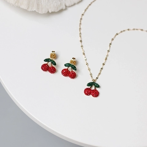 Kirsche Anhänger Halskette Und Ohrstecker Schmuck Titanstahl Rhinestone Frucht Stil Süß Für Frauen Mädchen