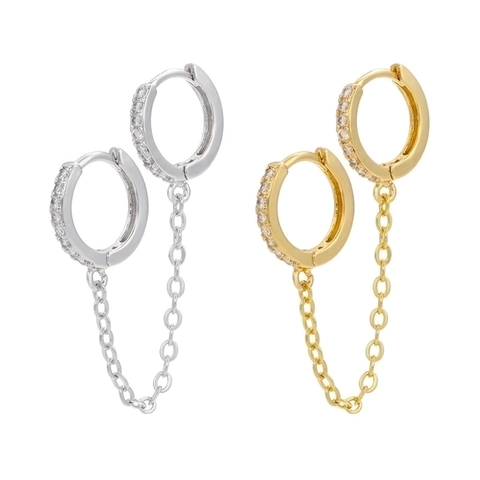Orecchini A Doppio Cerchio In Rame Con Catena Micro Pavé Zirconia Gioielli Geometrici Street Style Per Donna
