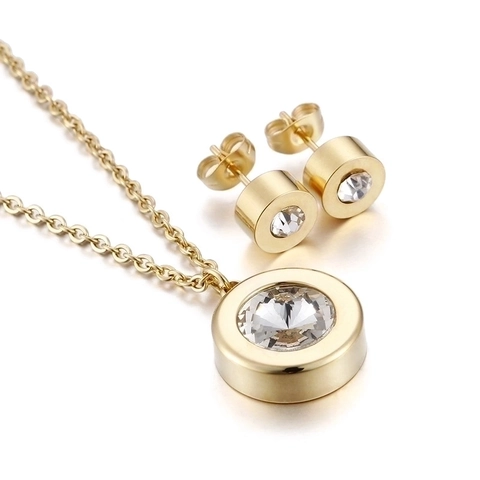 Round Solitaire Cubic Zirconia Necklace And Stud Earrings 316L Stainless Steel Minimalist Trendy Classic For Women