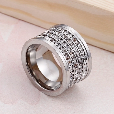 Anello A Fascia Larga In Acciaio Inossidabile 316L Con Zirconi A Più File Gioielli Di Moda Lucidati Per Uomo E Donna