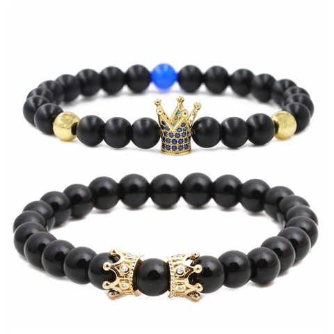 Bracciale Di Perline Con Ciondolo A Corona Pietra Nera Opaca Lega Zircone Moda Per Uomo Donna