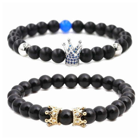 Bracciale Di Perline Con Ciondolo A Corona Pietra Nera Opaca Lega Zircone Moda Per Uomo Donna