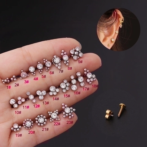 Orecchino Per Cartilagine Labret Acciaio Inossidabile Zirconia Filettatura Interna Base Piatta Gioielli Piercing