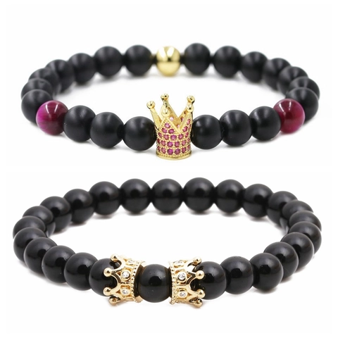 Beaded Bracelet Copper Crown Zircon Natural Matte Stone Volcanic Rock Trendy Fashion Jewelry Unisex Elastic