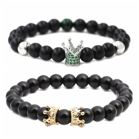Krone Perlenarmband Naturstein Matt Schwarz Lavagestein Mikro Zirkon Elastisch Unisex Modeschmuck